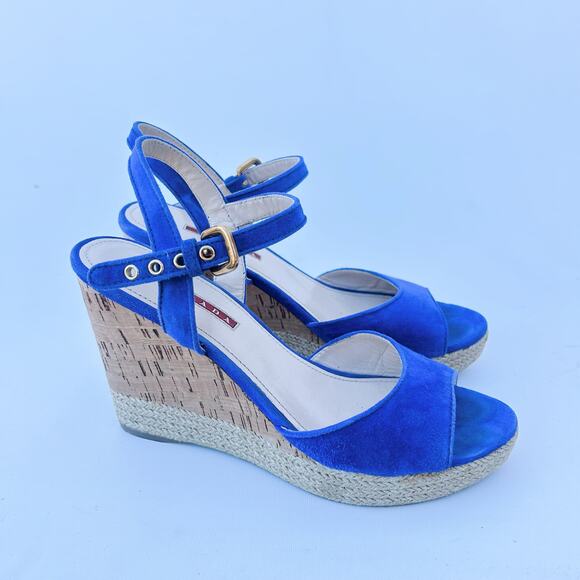 Prada Authentic Suede Blue Espadrille Cork Wedges Sandals 39 Heels 9 Dust Bag - Picture 2 of 11